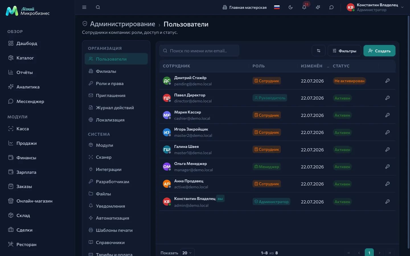 Раздел «Пользователи»: список сотрудников с ролями и статусами активации
