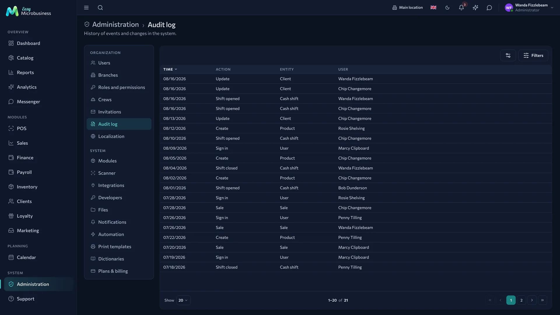 The audit log: entries with date, user, action and object