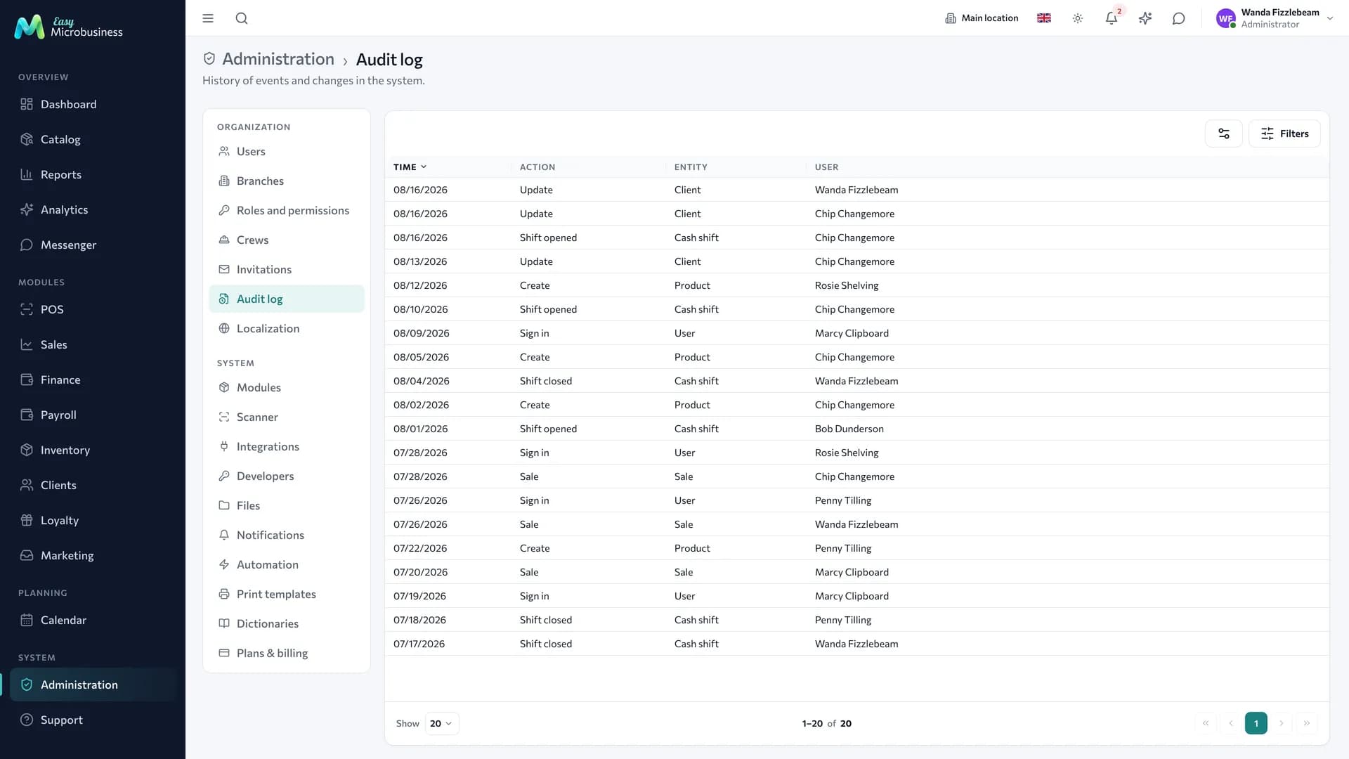 The audit log: entries with date, user, action and object