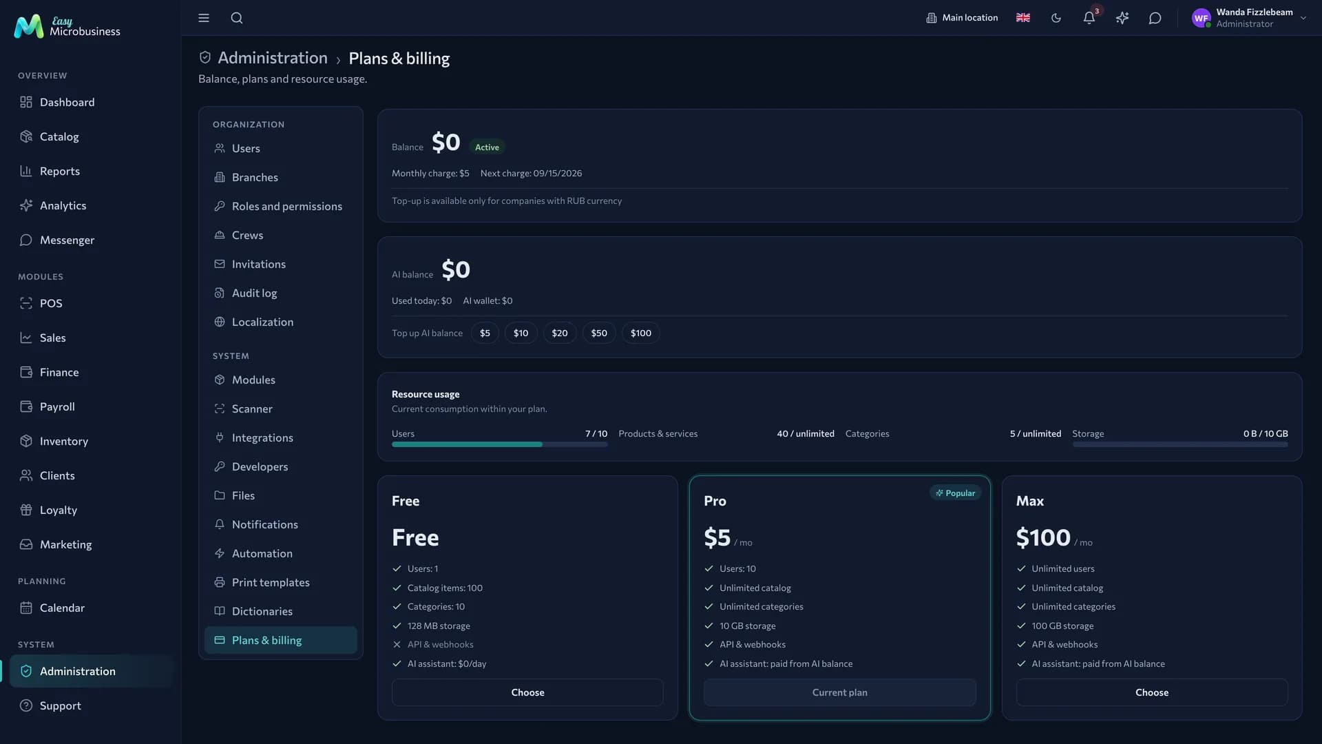 The «Plans & billing» screen: company balance, AI balance, resource usage and the Free, Pro, Max plan cards