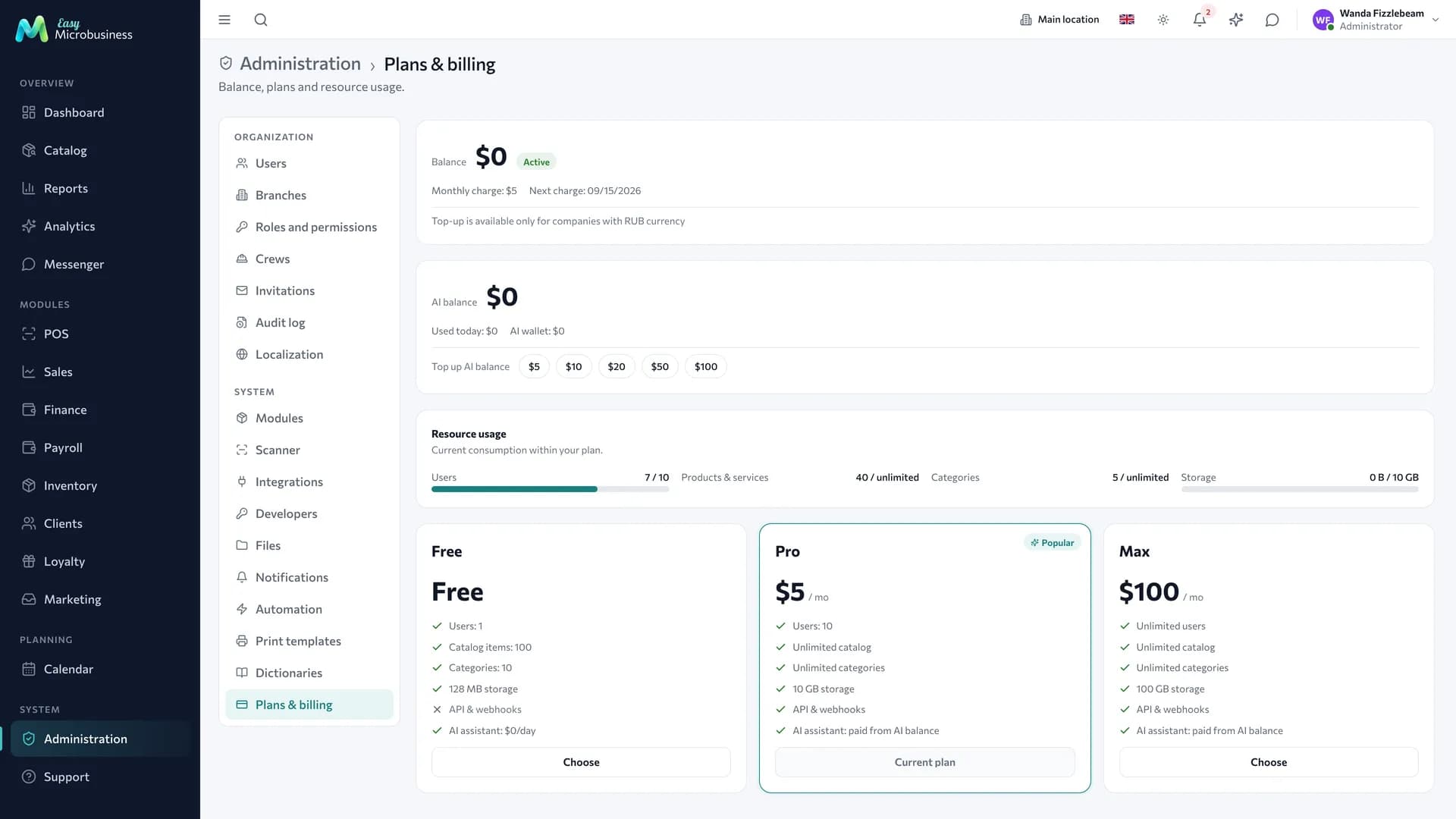 The «Plans & billing» screen: company balance, AI balance, resource usage and the Free, Pro, Max plan cards