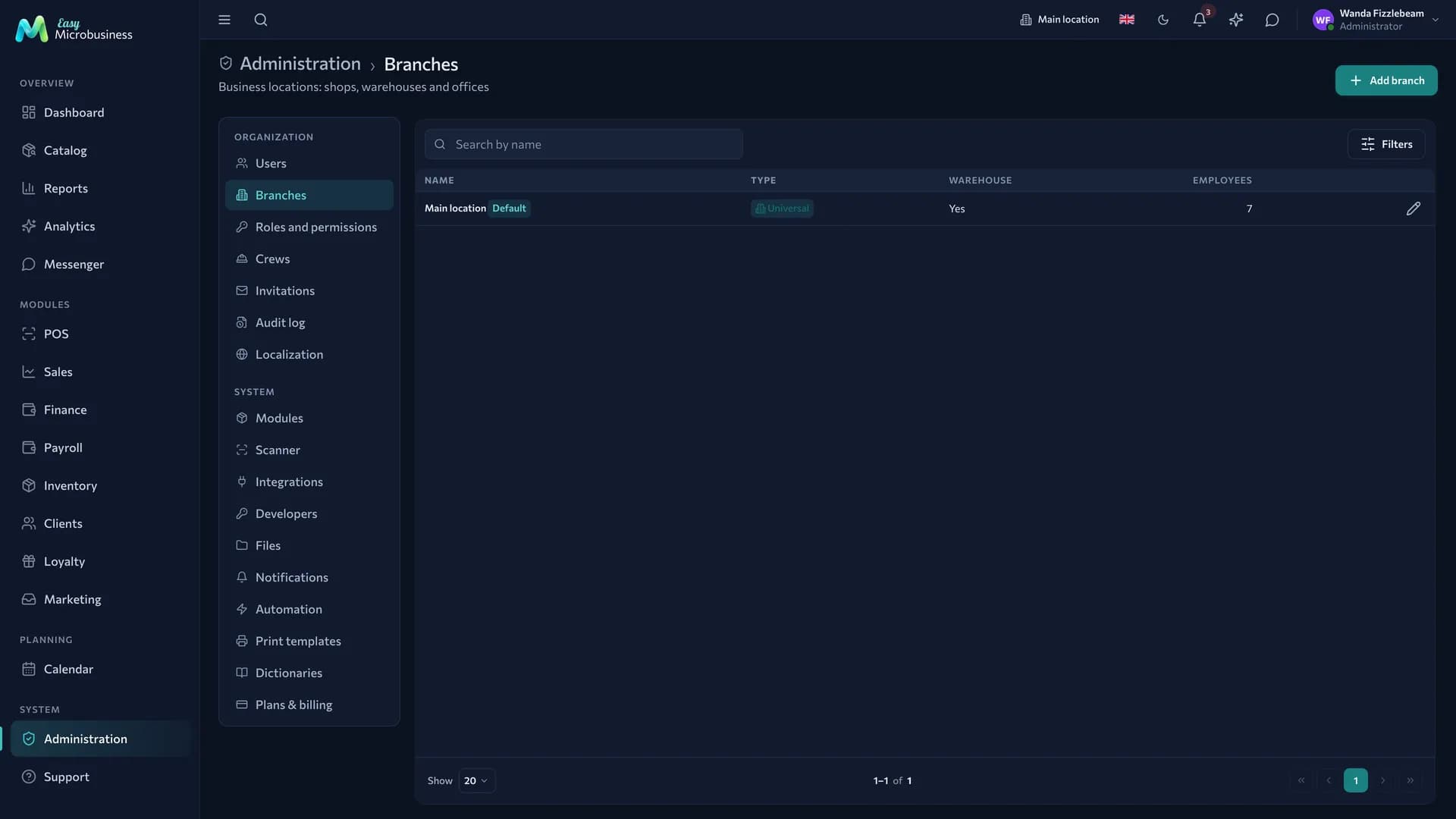 The «Branches» section: a list of company locations with addresses