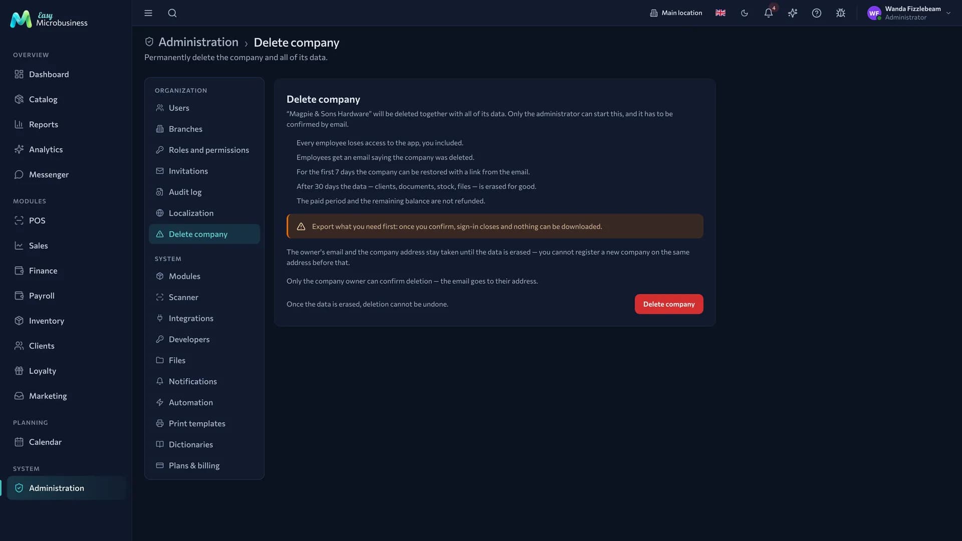 The «Delete company» section: the list of consequences, warnings and the «Delete company» button