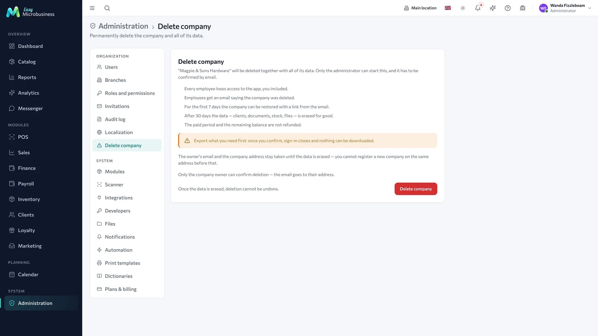 The «Delete company» section: the list of consequences, warnings and the «Delete company» button