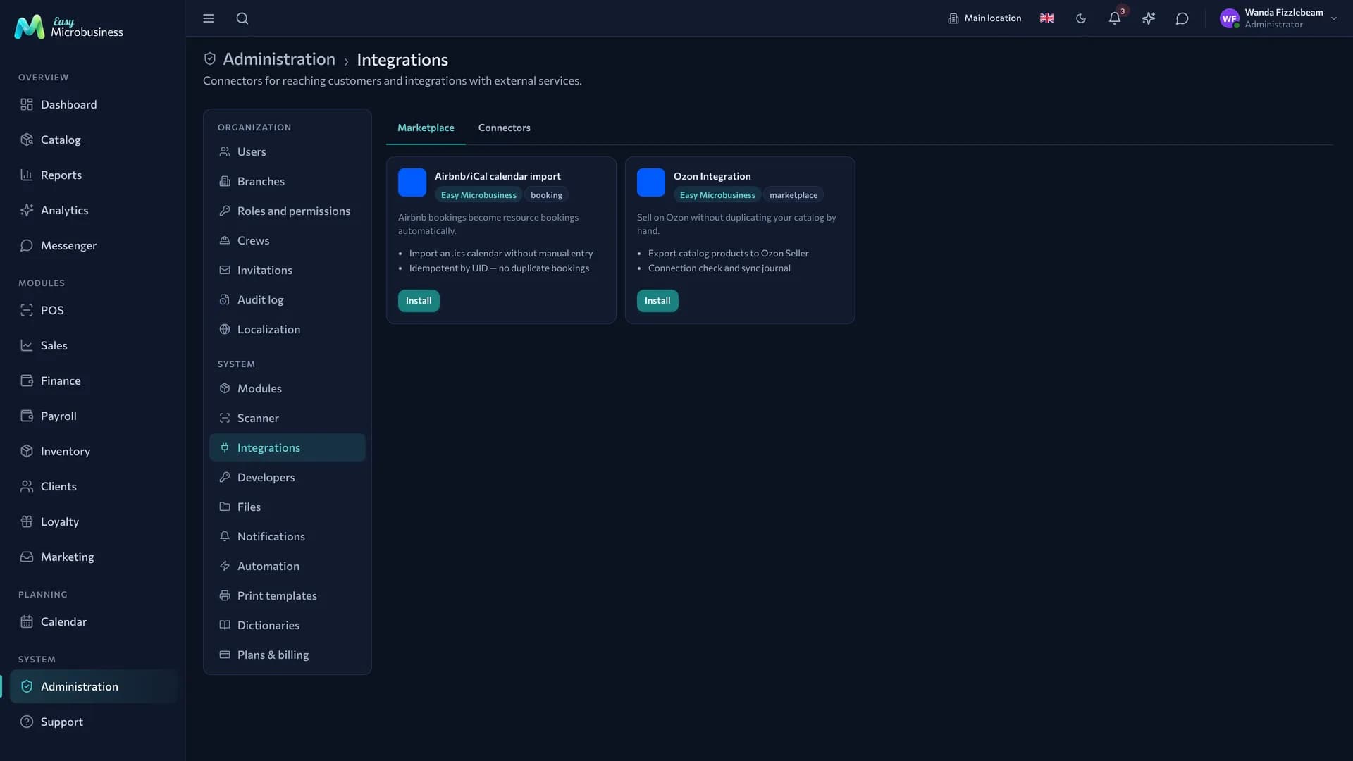 The integrations section: a list of available and installed add-ons