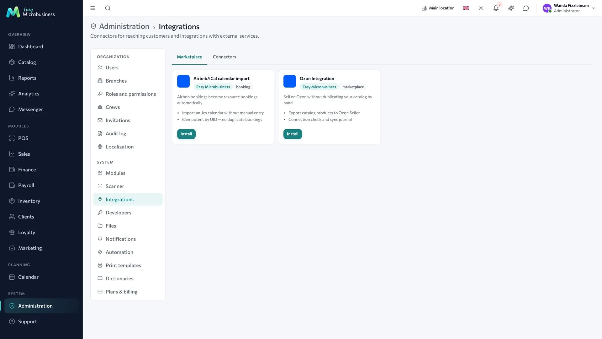 The integrations section: a list of available and installed add-ons