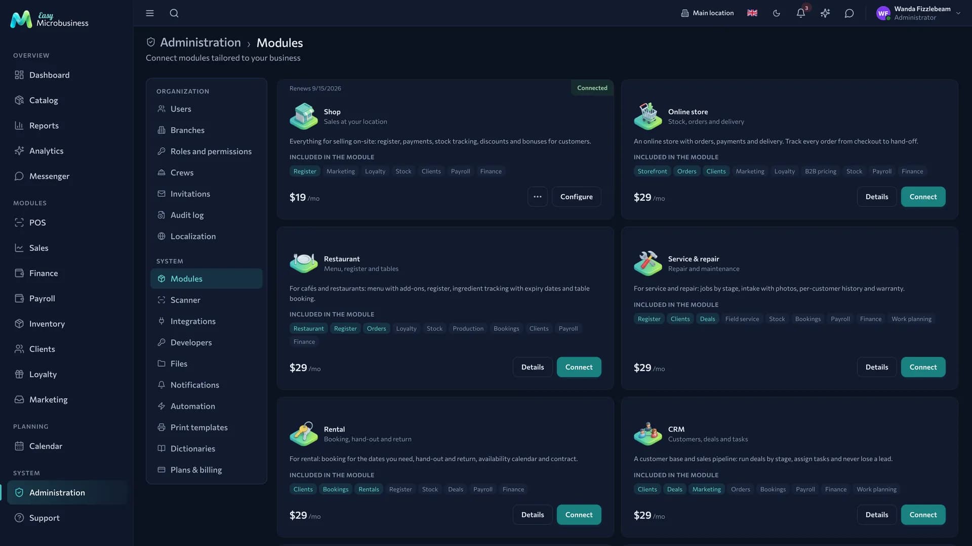 The «Modules» section: business module cards with price, component list and a connect button