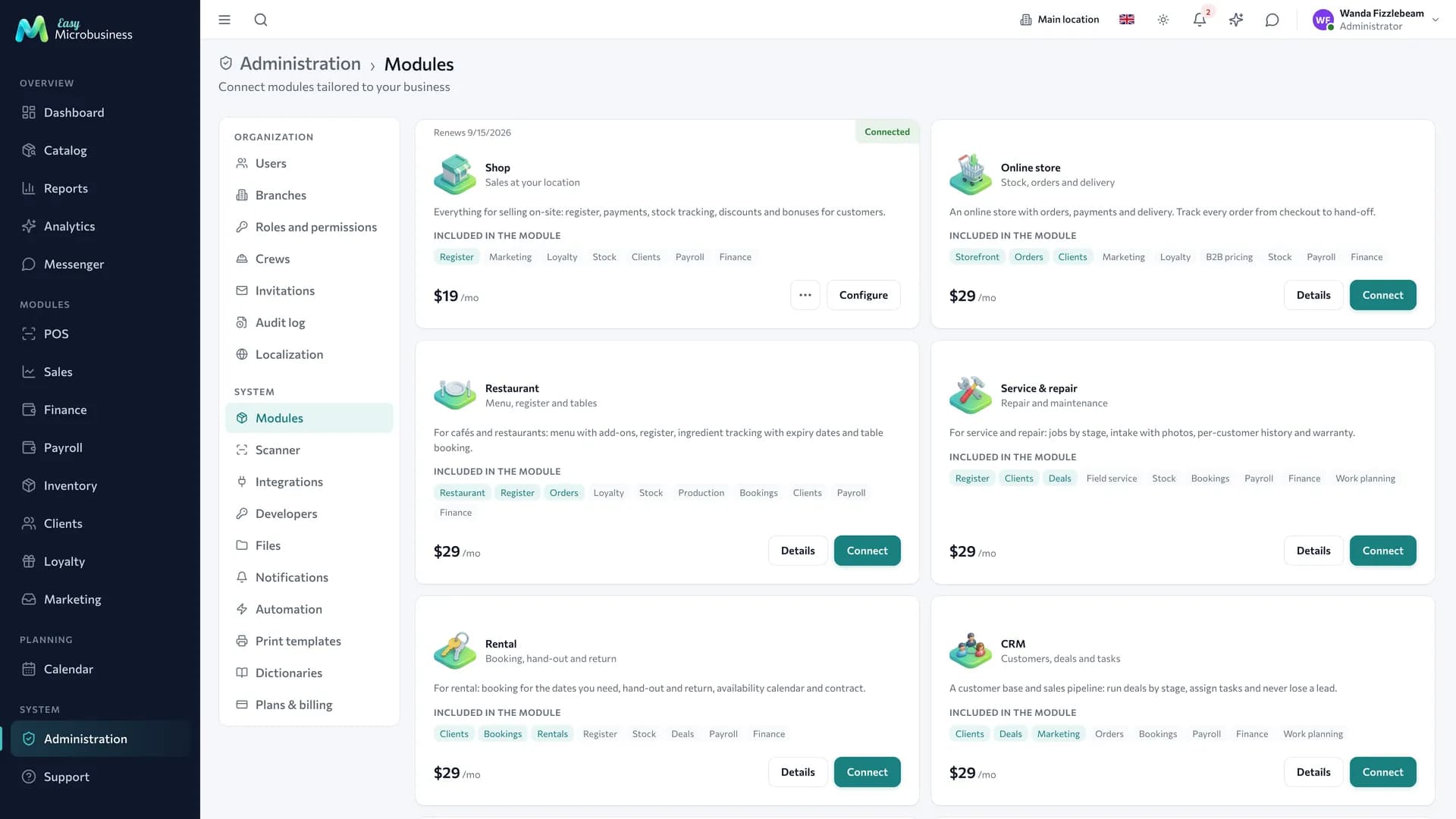 The «Modules» section: business module cards with price, component list and a connect button