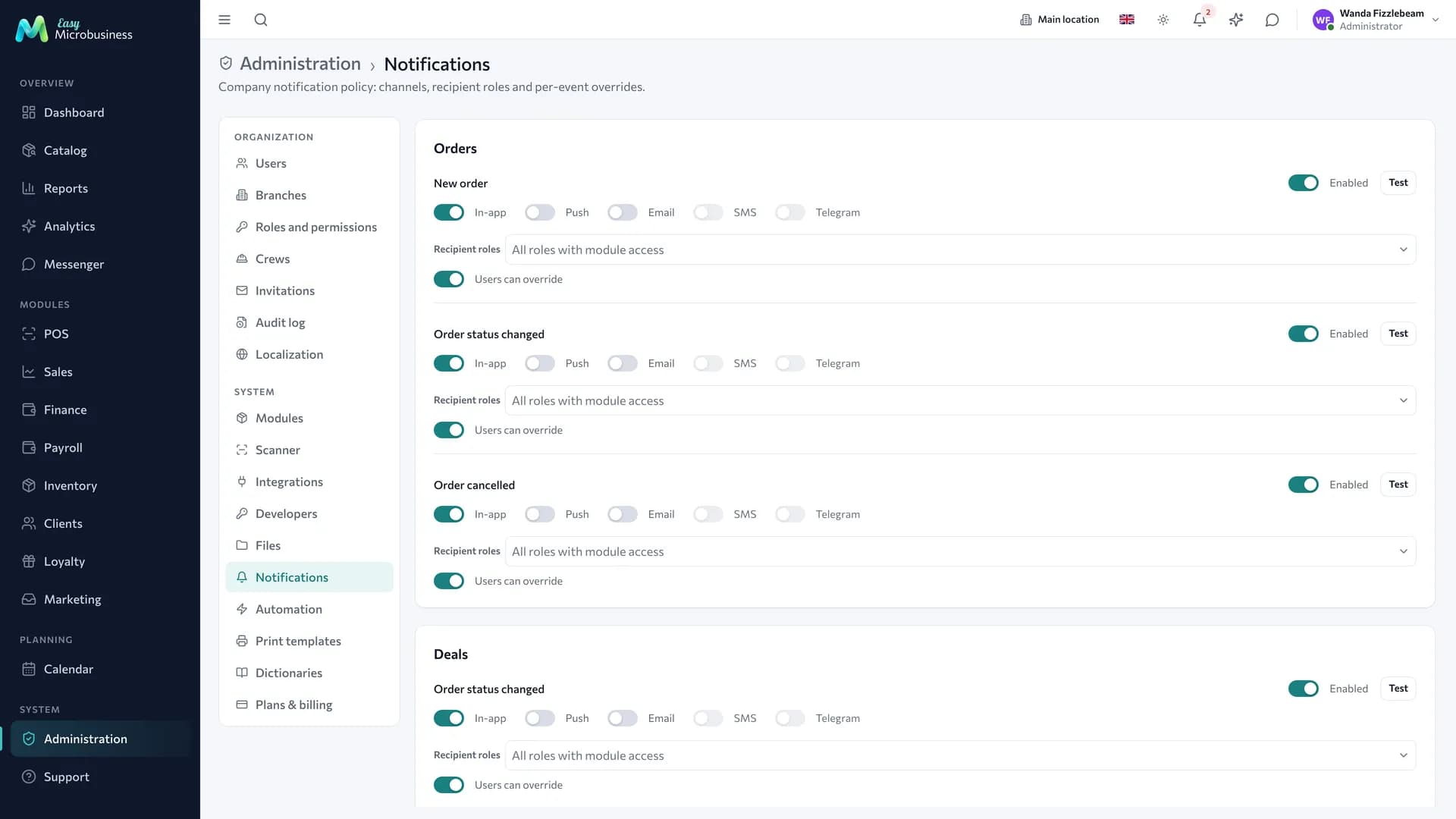 The «Notifications» section: events by section, channel toggles for in-app, push, email, SMS and Telegram, and recipient roles