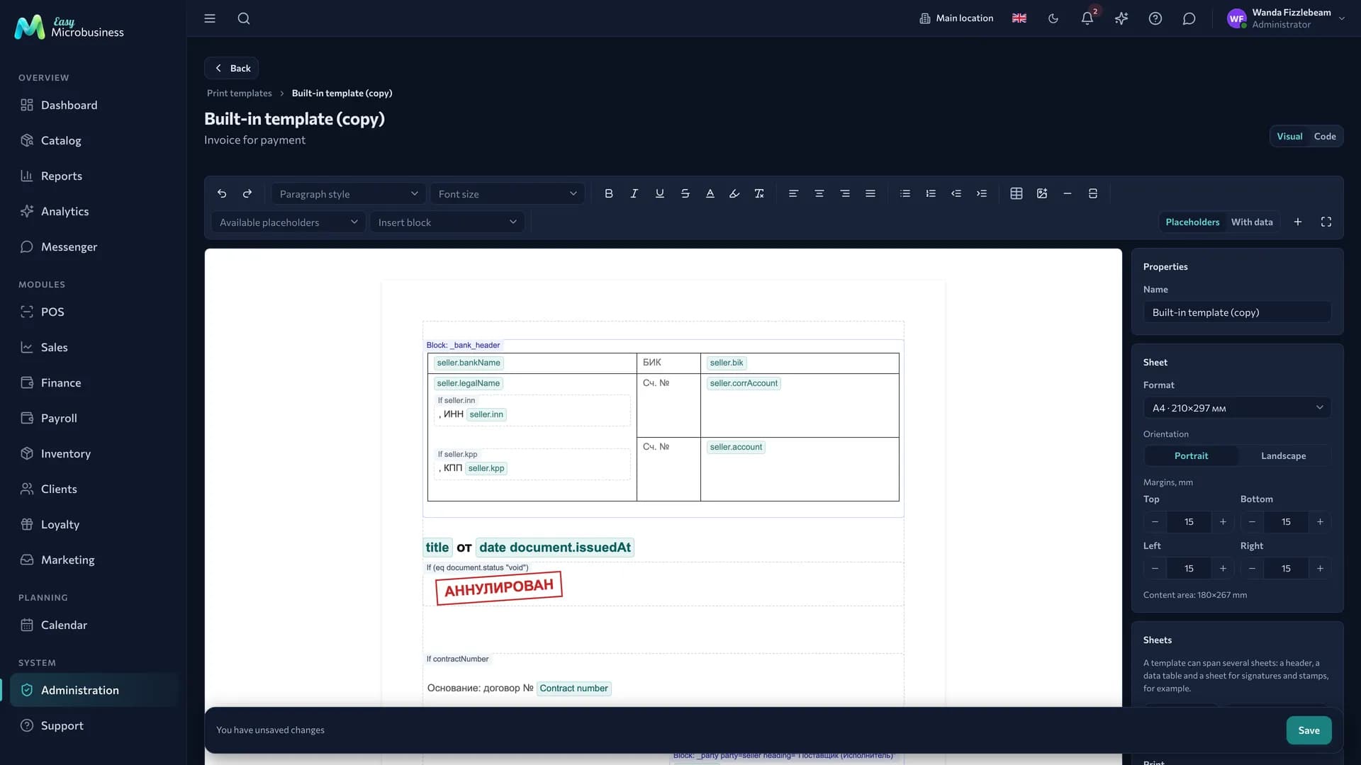 Template editor: the formatting ribbon, the invoice sheet and the sheet settings panel on the right