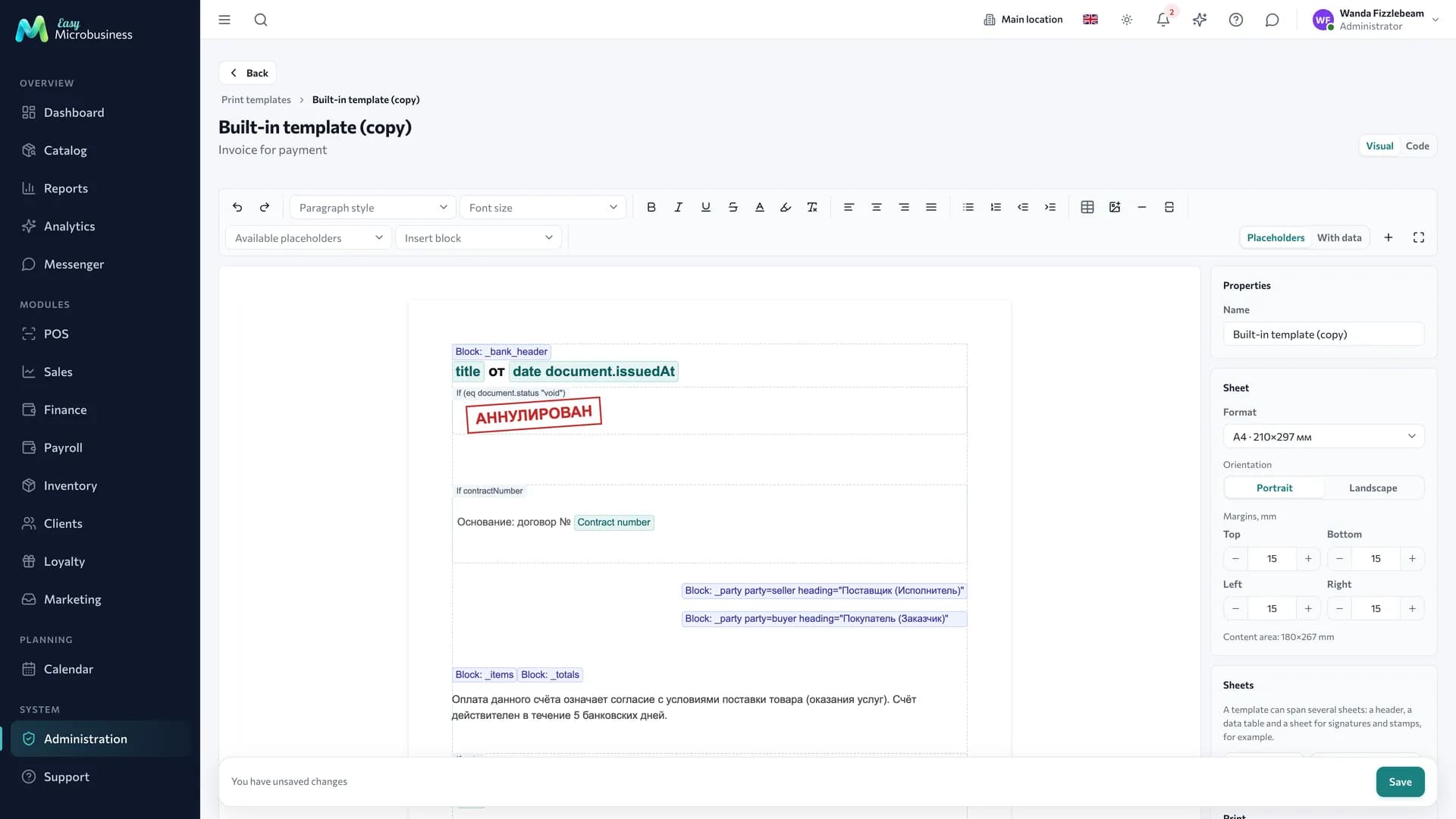 Template editor: the formatting ribbon, the invoice sheet and the sheet settings panel on the right
