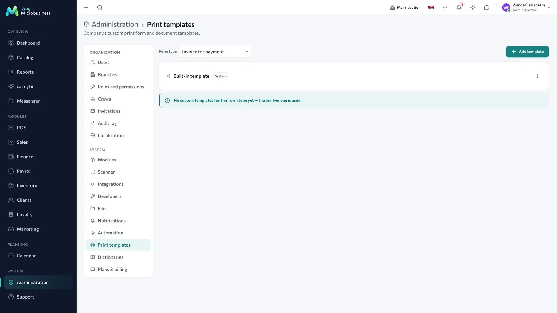 The «Print templates» section: a list of document templates with their types