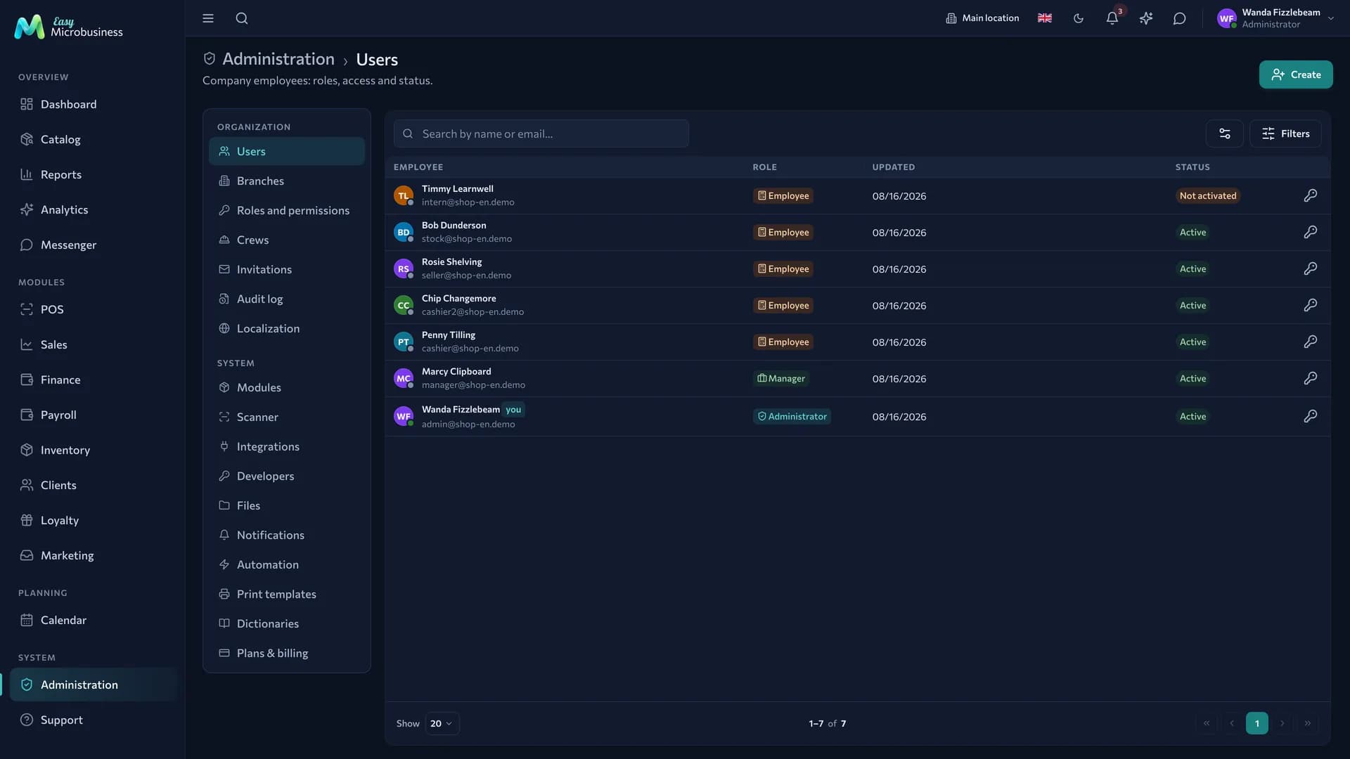 The «Users» section: a list of employees with roles and activation statuses