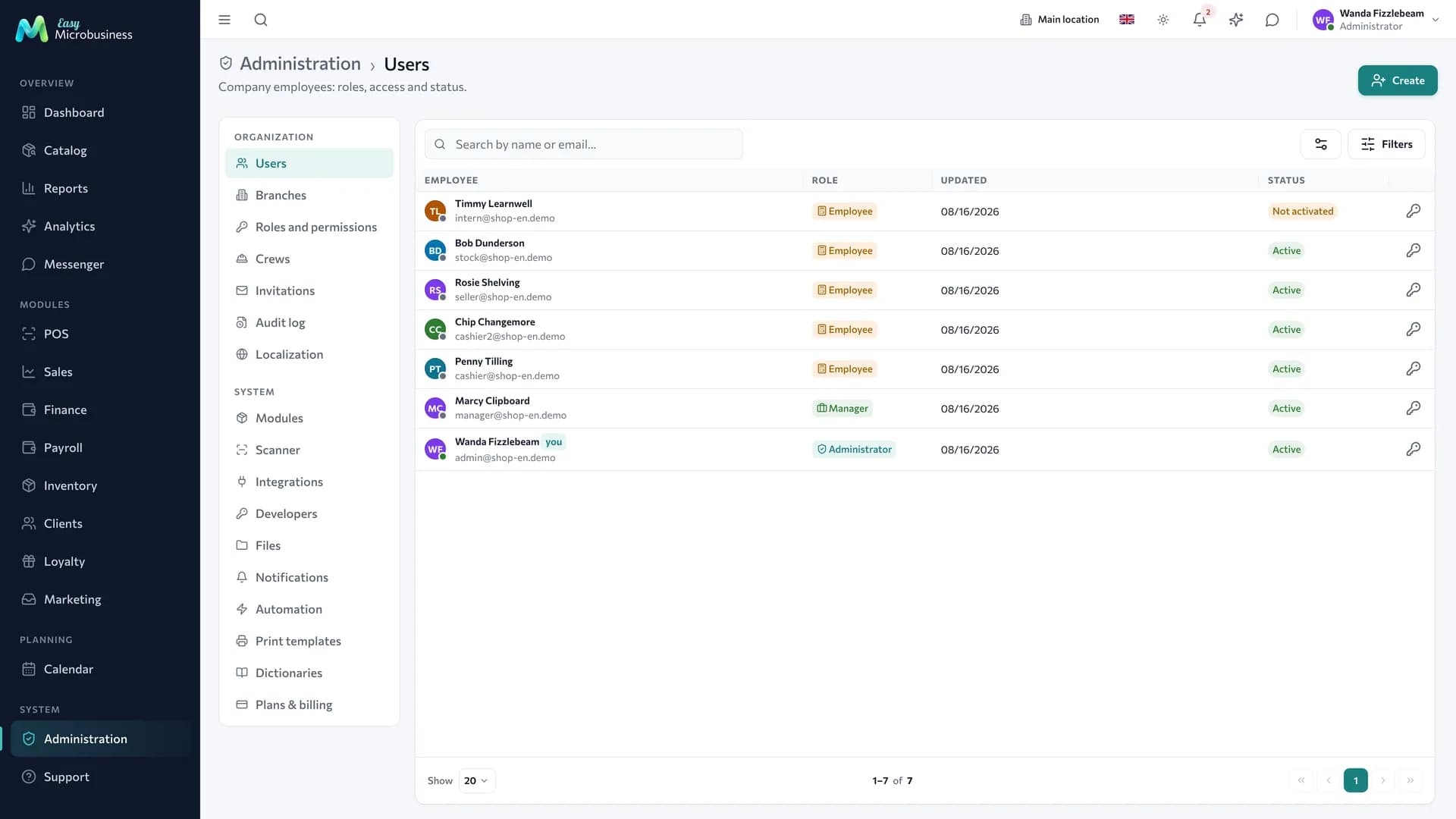 The «Users» section: a list of employees with roles and activation statuses
