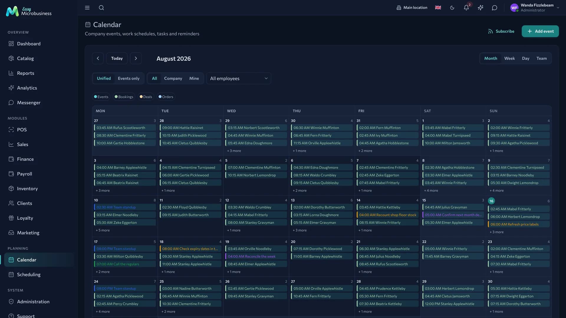 The calendar: resource columns, customer bookings by time, a day and week switch