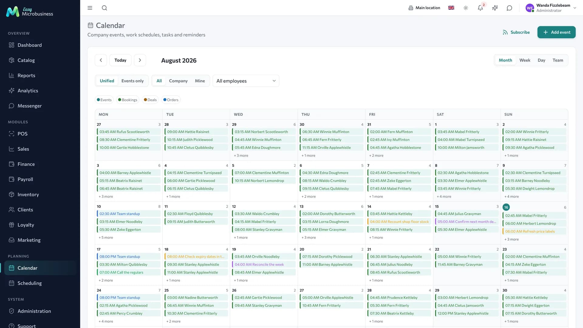 The calendar: resource columns, customer bookings by time, a day and week switch