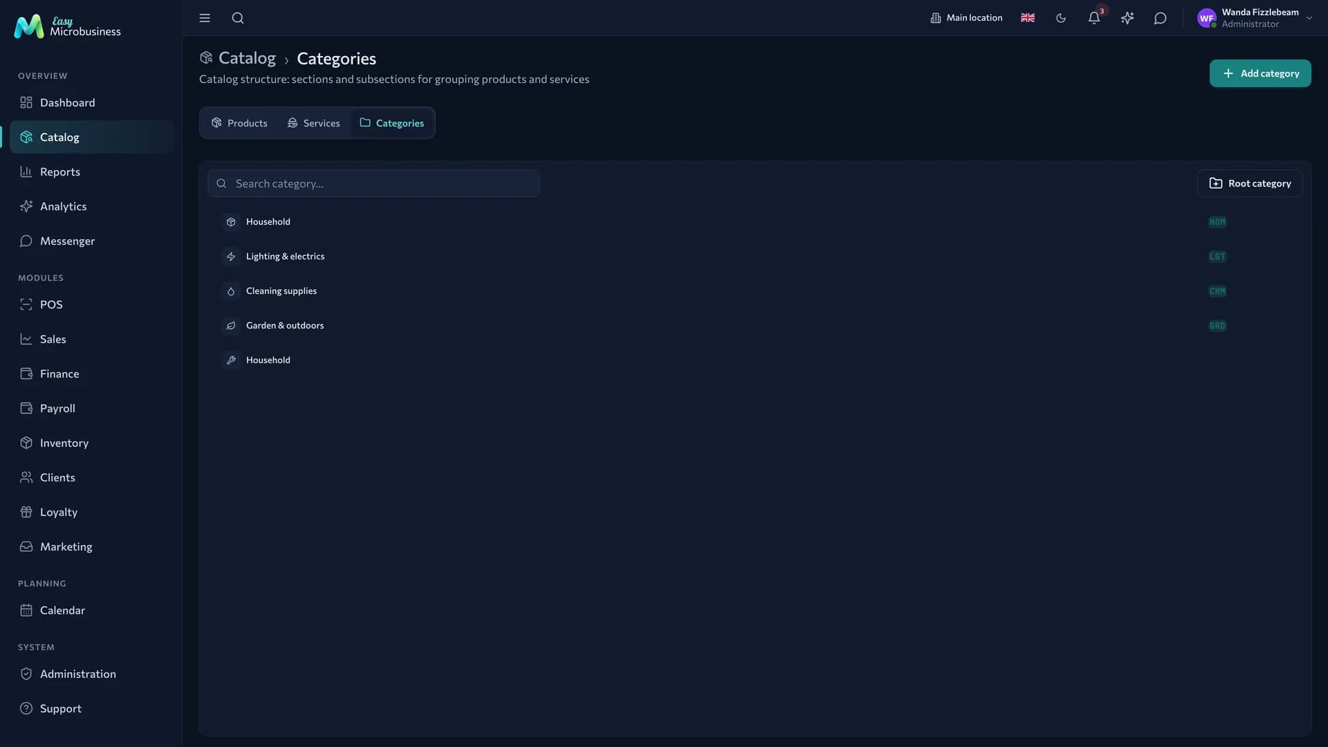 The catalog category tree with nesting