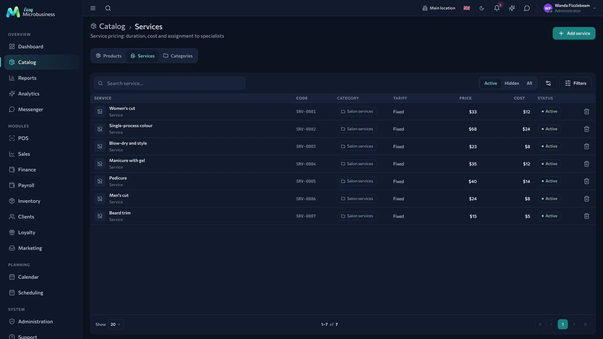 The service list with price and duration
