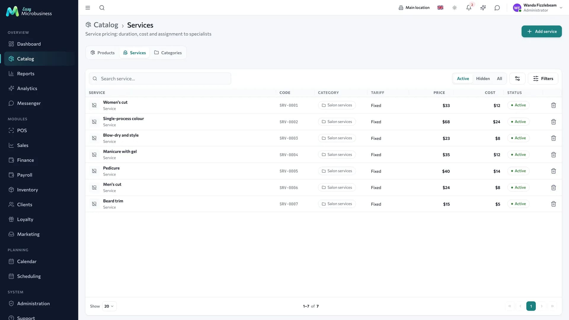 The service list with price and duration
