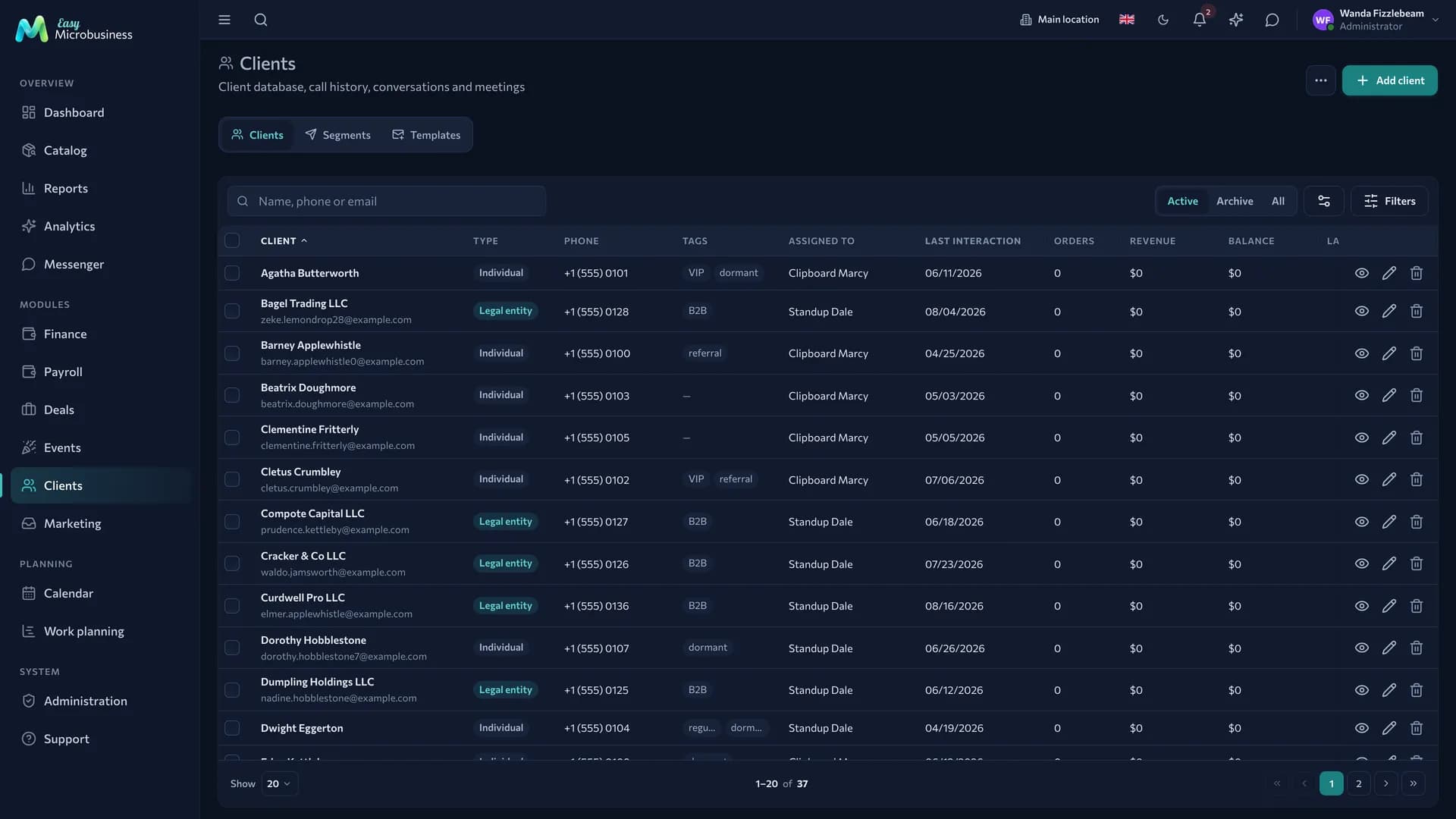 The «Customers» section: a header with an add button, a filter panel, a table with actions in the last column