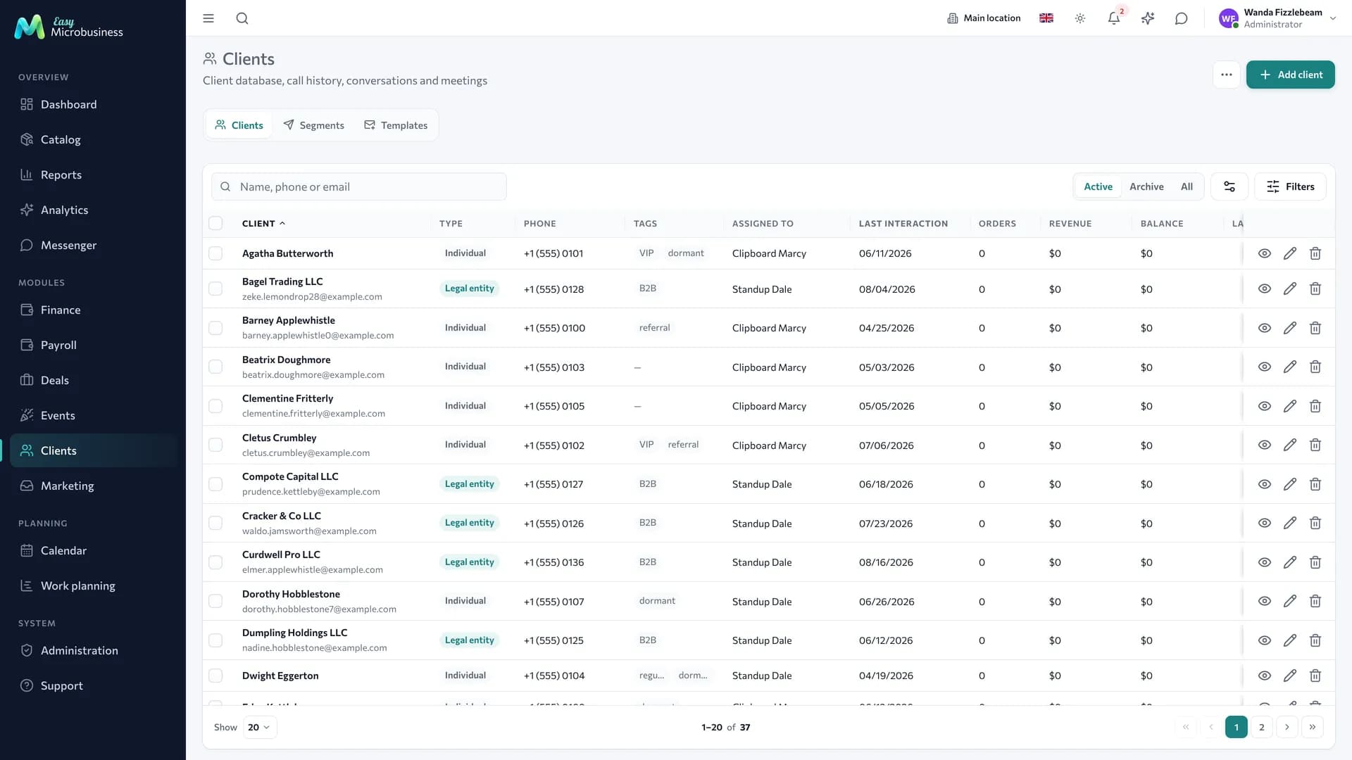 The «Customers» section: a header with an add button, a filter panel, a table with actions in the last column