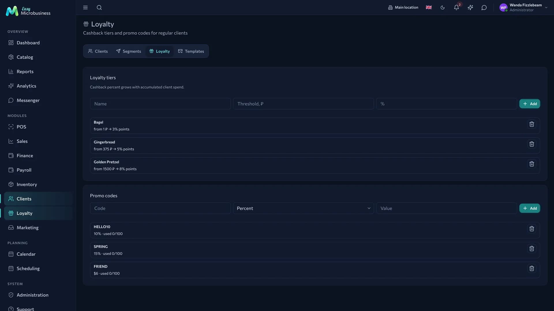 The «Loyalty» screen: a list of tiers with thresholds and percentages, promo codes below