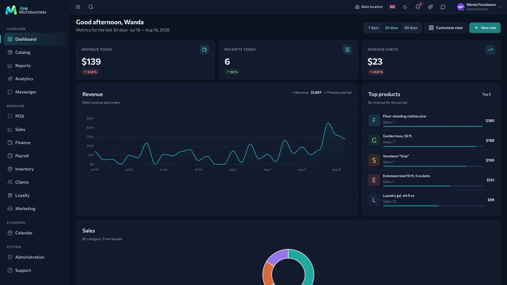 The side menu with component sections: POS, sales, finance, payroll, orders, inventory, deals