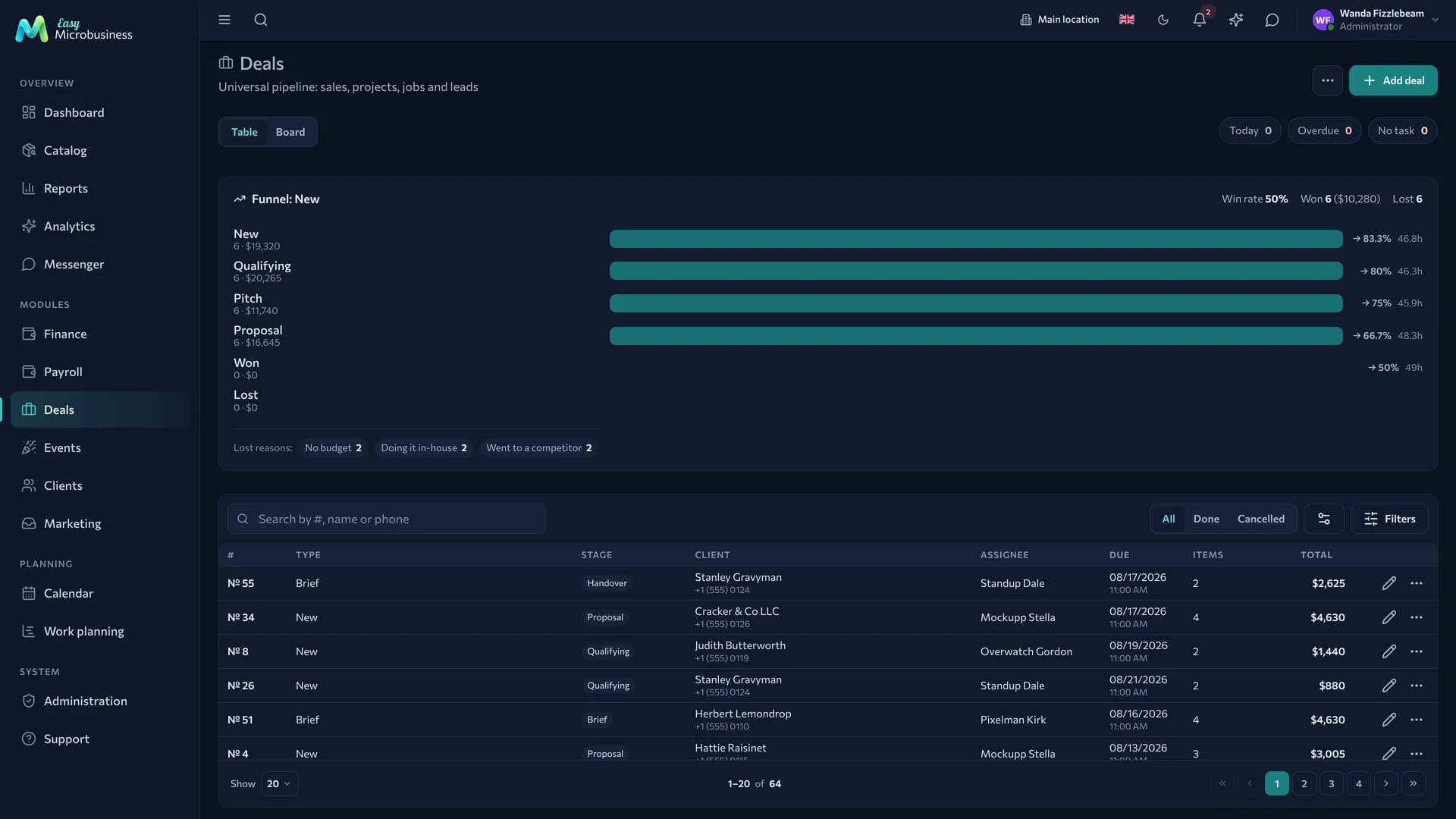 The «Deals» section: a funnel with stages and conversion, a table of deals below