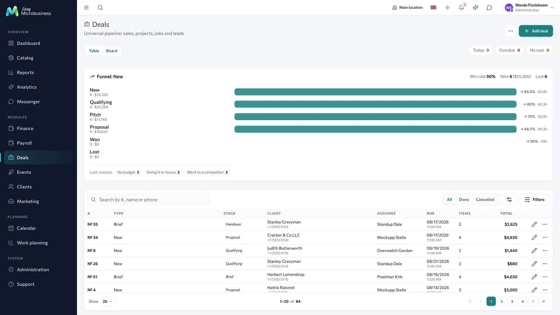 The «Deals» section: a funnel with stages and conversion, a table of deals below