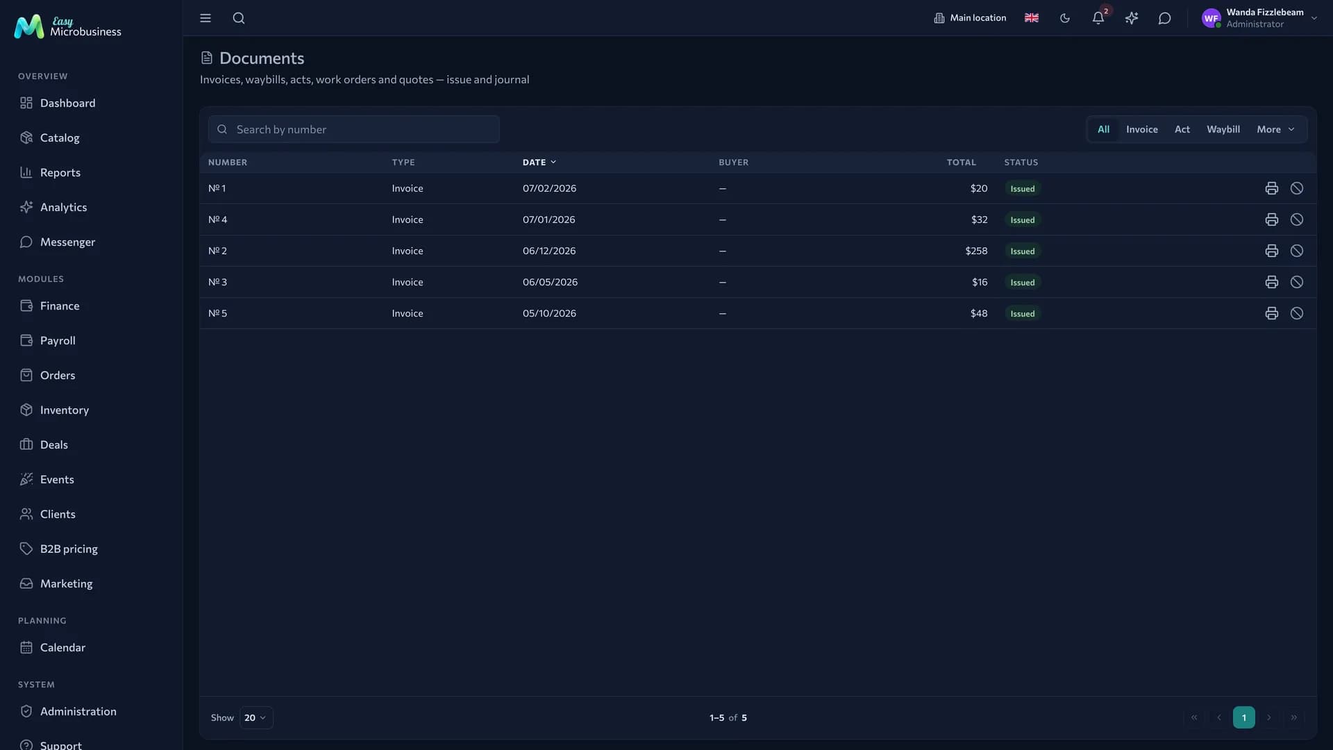 The «Documents» section: a type filter, a table with number, date, buyer, amount and status