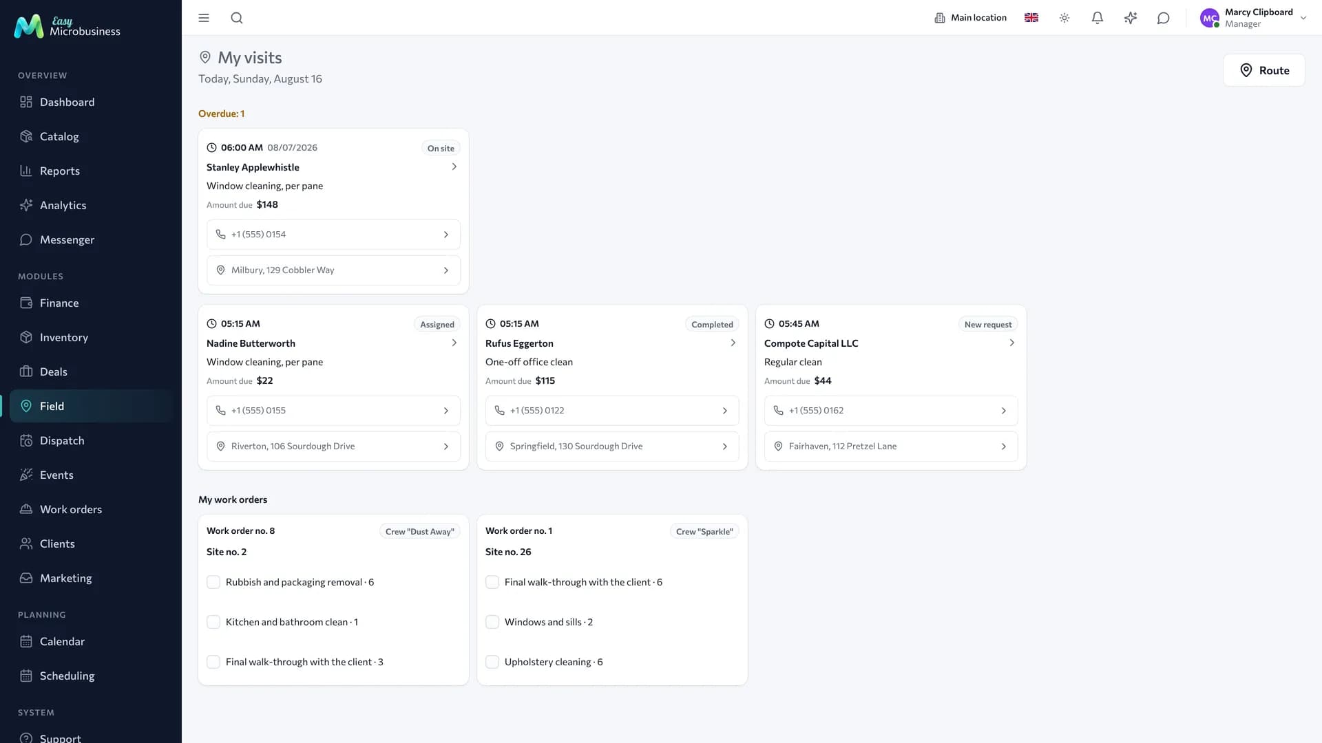 The «Field» section on a phone: jobs for the day with address, time and large buttons