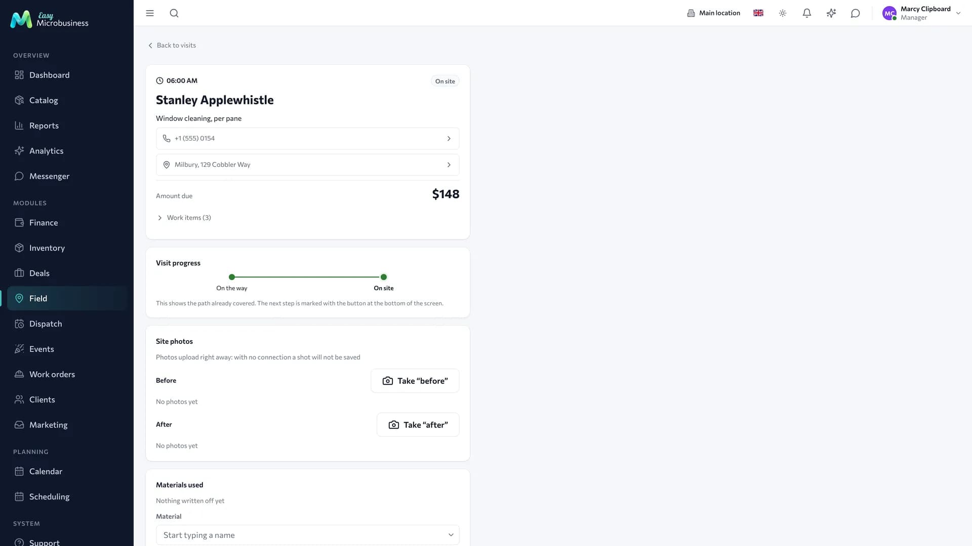A field job card: scope of work, job progress buttons, photos and signature
