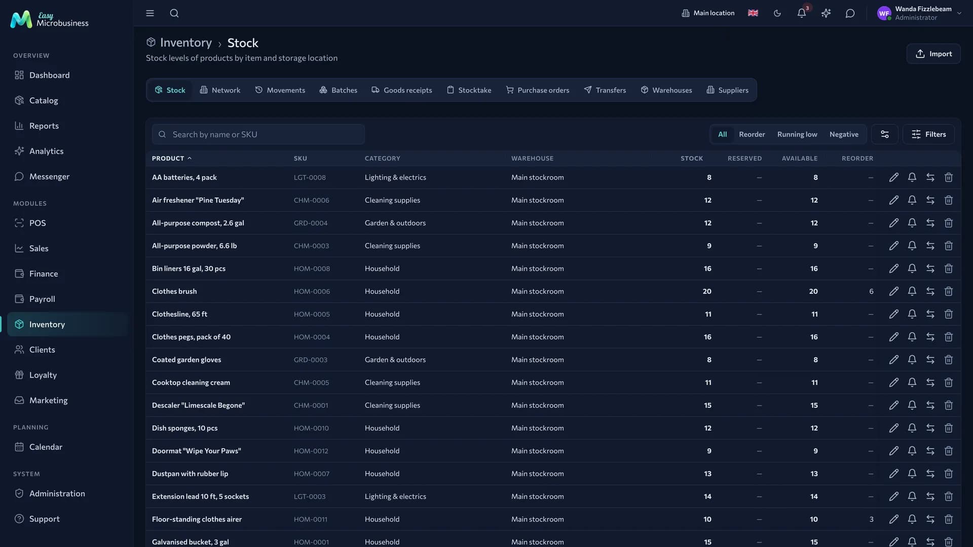 The «Inventory» section: stock by product, tabs for receipts, movements and stock counts