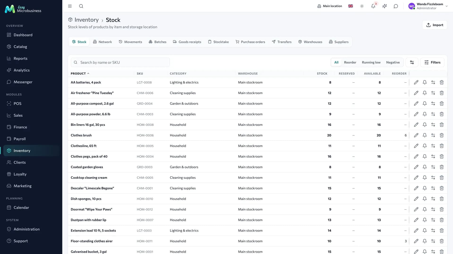 The «Inventory» section: stock by product, tabs for receipts, movements and stock counts