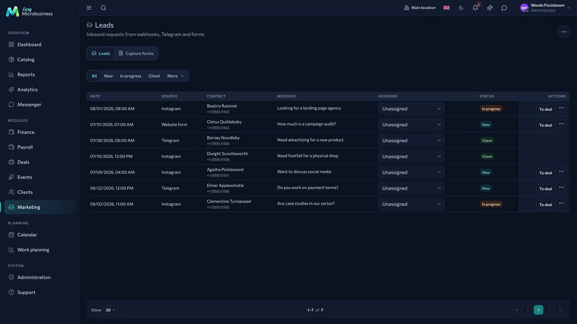 The «Leads» section: enquiries with source, owner and status
