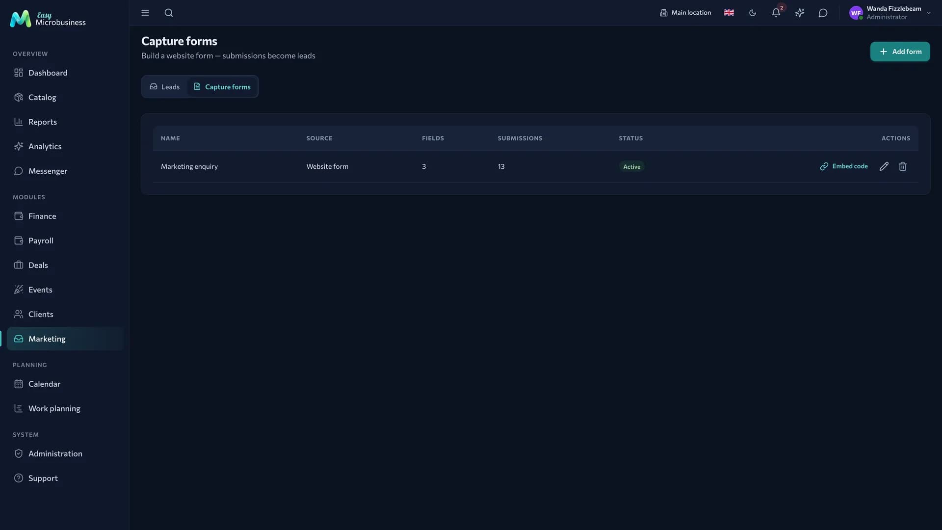 The «Capture forms» section: a table of forms with source, field count, submissions, status and an embed code link