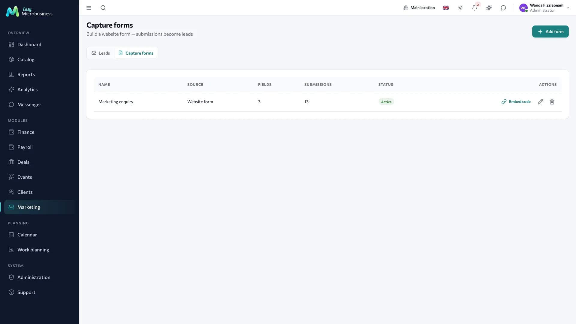 The «Capture forms» section: a table of forms with source, field count, submissions, status and an embed code link