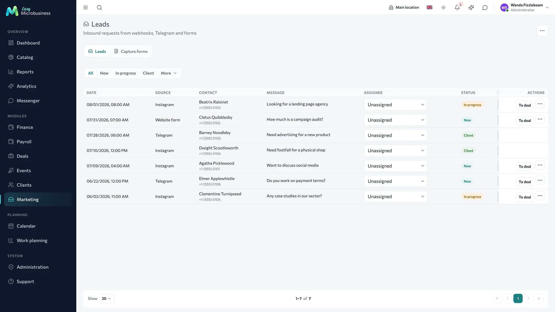 The «Leads» section: enquiries with source, owner and status