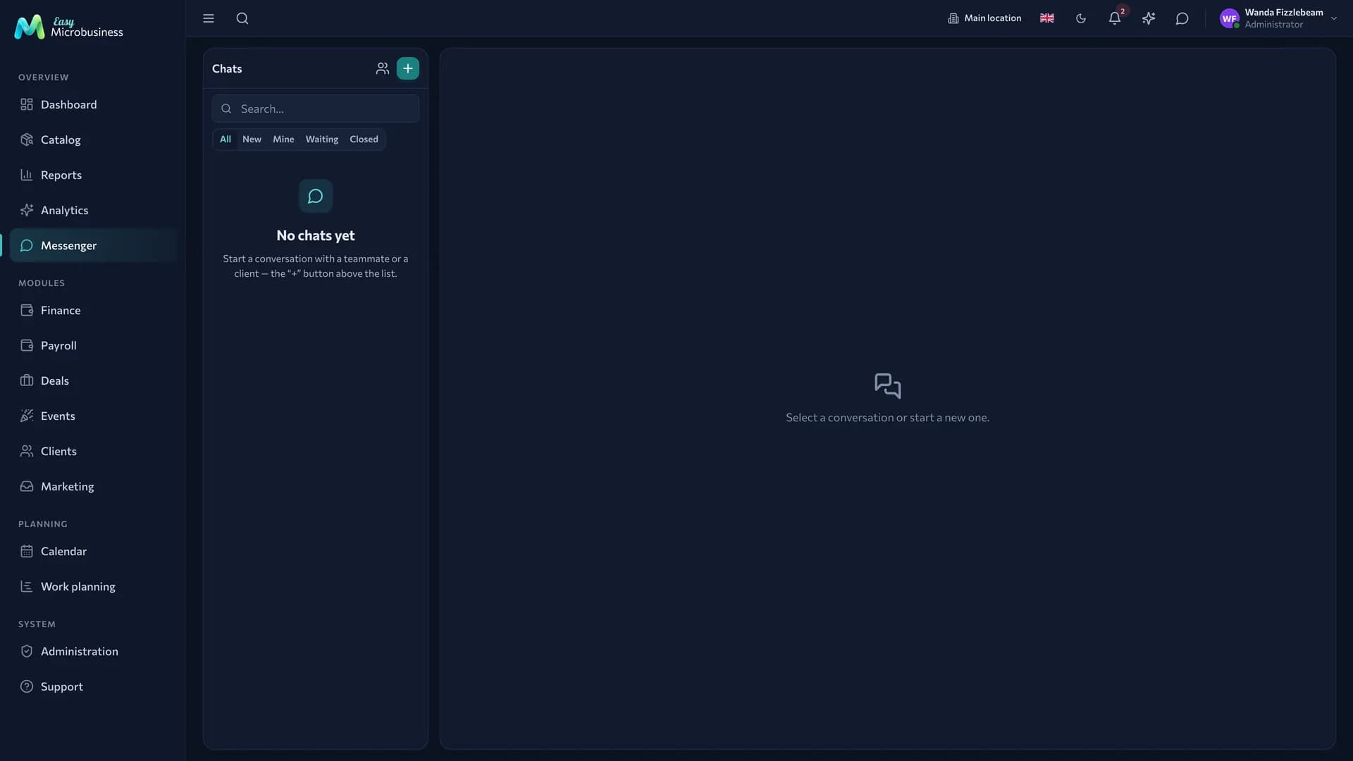 The messenger: the conversation list on the left, the thread on the right