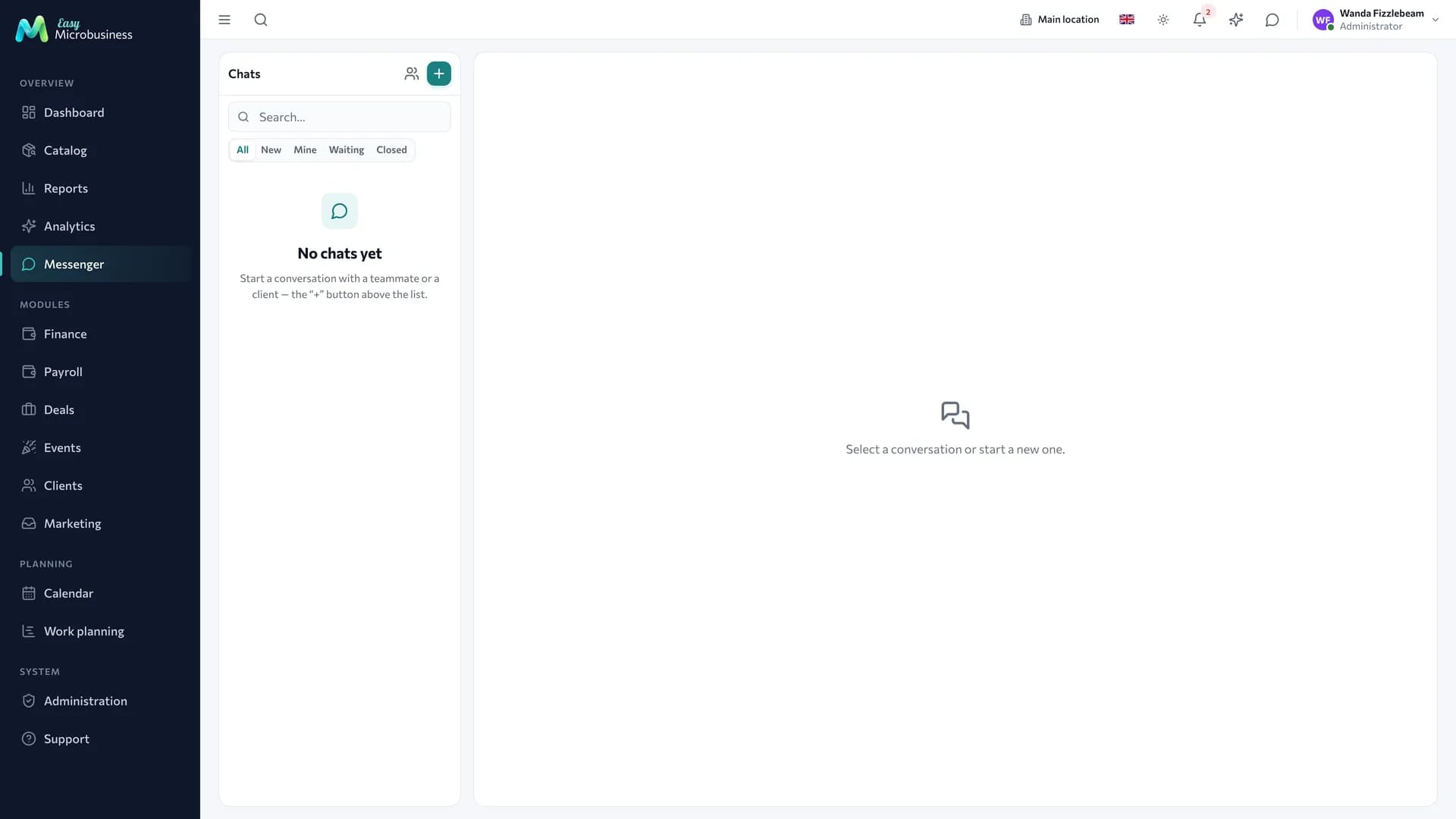 The messenger: the conversation list on the left, the thread on the right