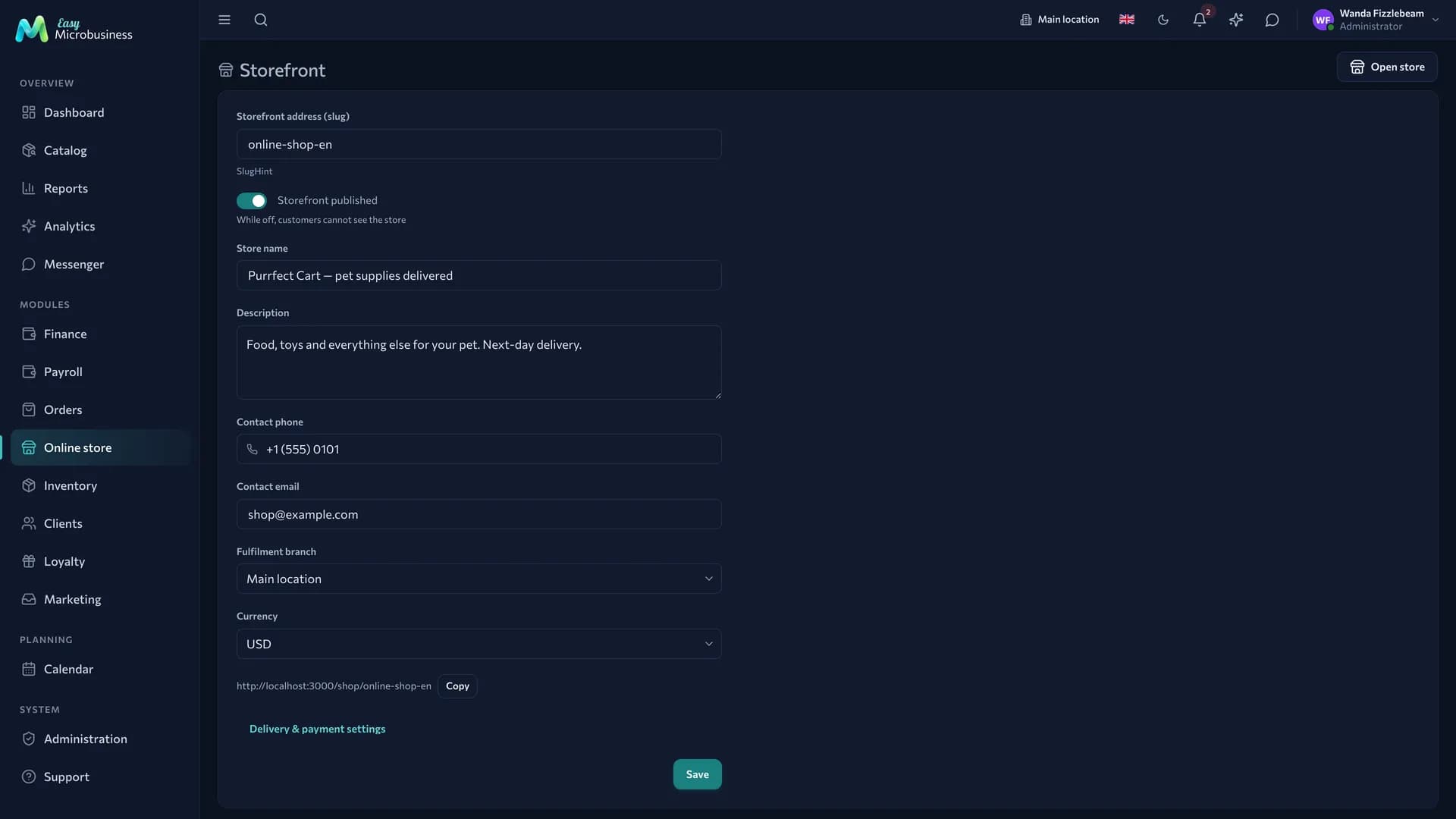Online store settings: publication, details, order parameters