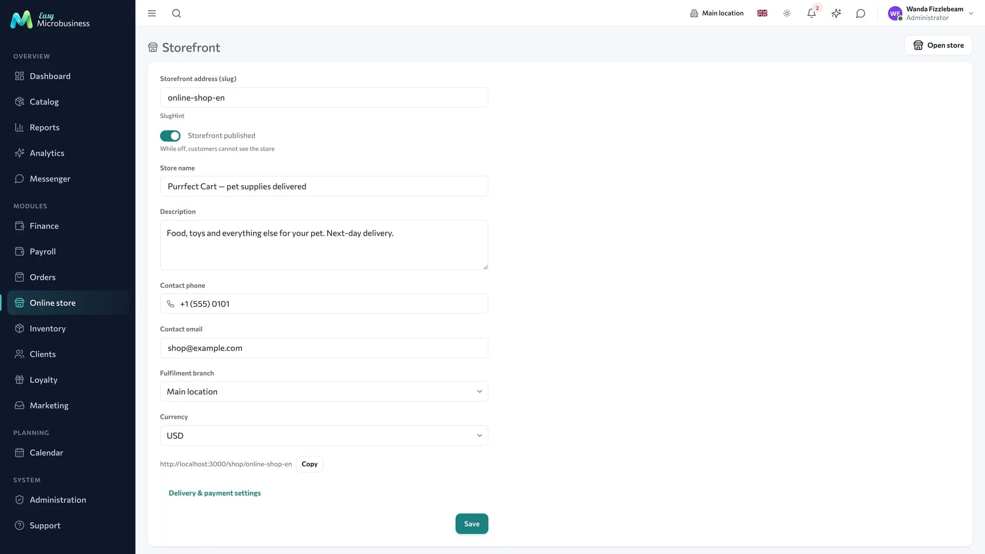 Online store settings: publication, details, order parameters