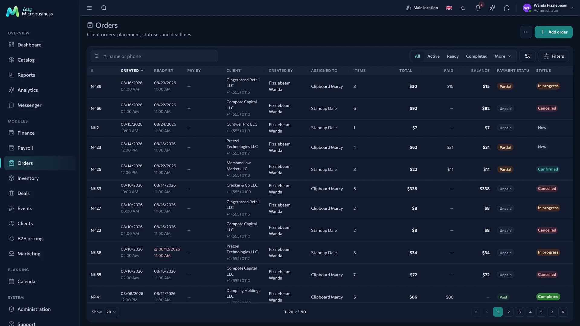 The «Orders» section: a list with number, customer, amount, payment and fulfilment status