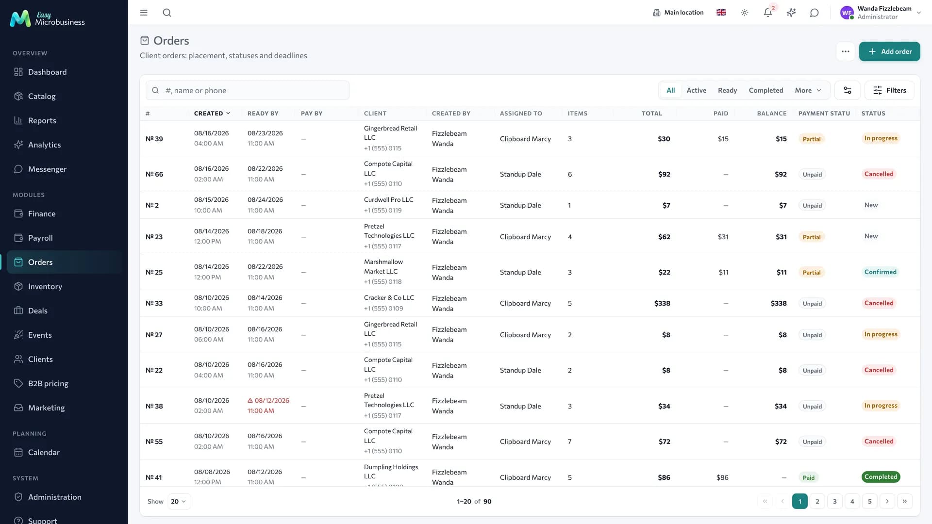 The «Orders» section: a list with number, customer, amount, payment and fulfilment status