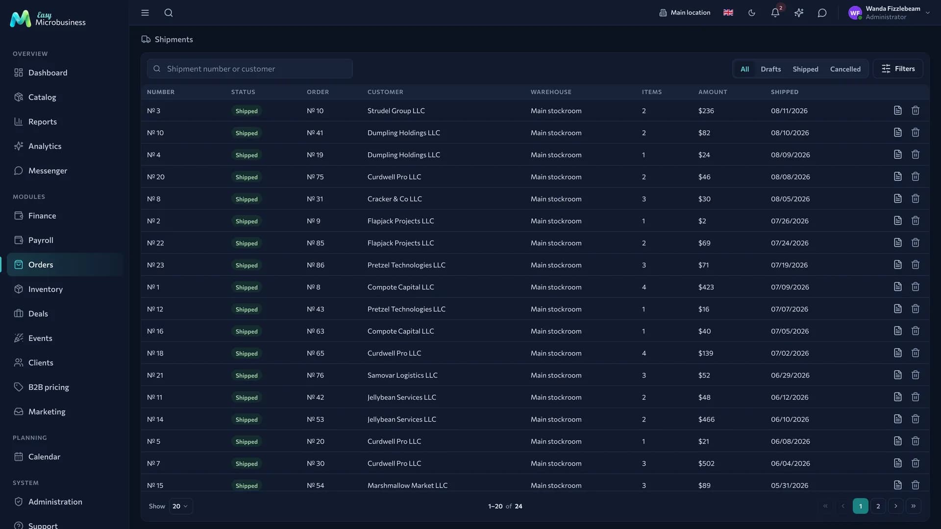 The «Shipments» section: a status switch, a «Filters» button, rows with number, order, customer, warehouse, amount and actions