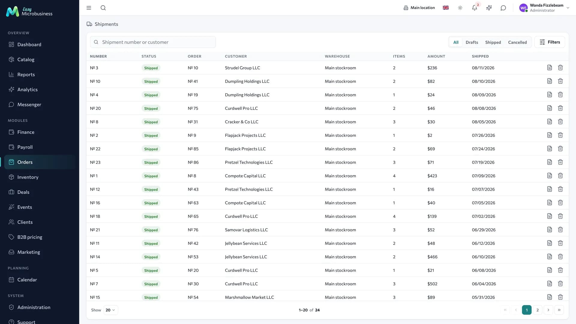 The «Shipments» section: a status switch, a «Filters» button, rows with number, order, customer, warehouse, amount and actions