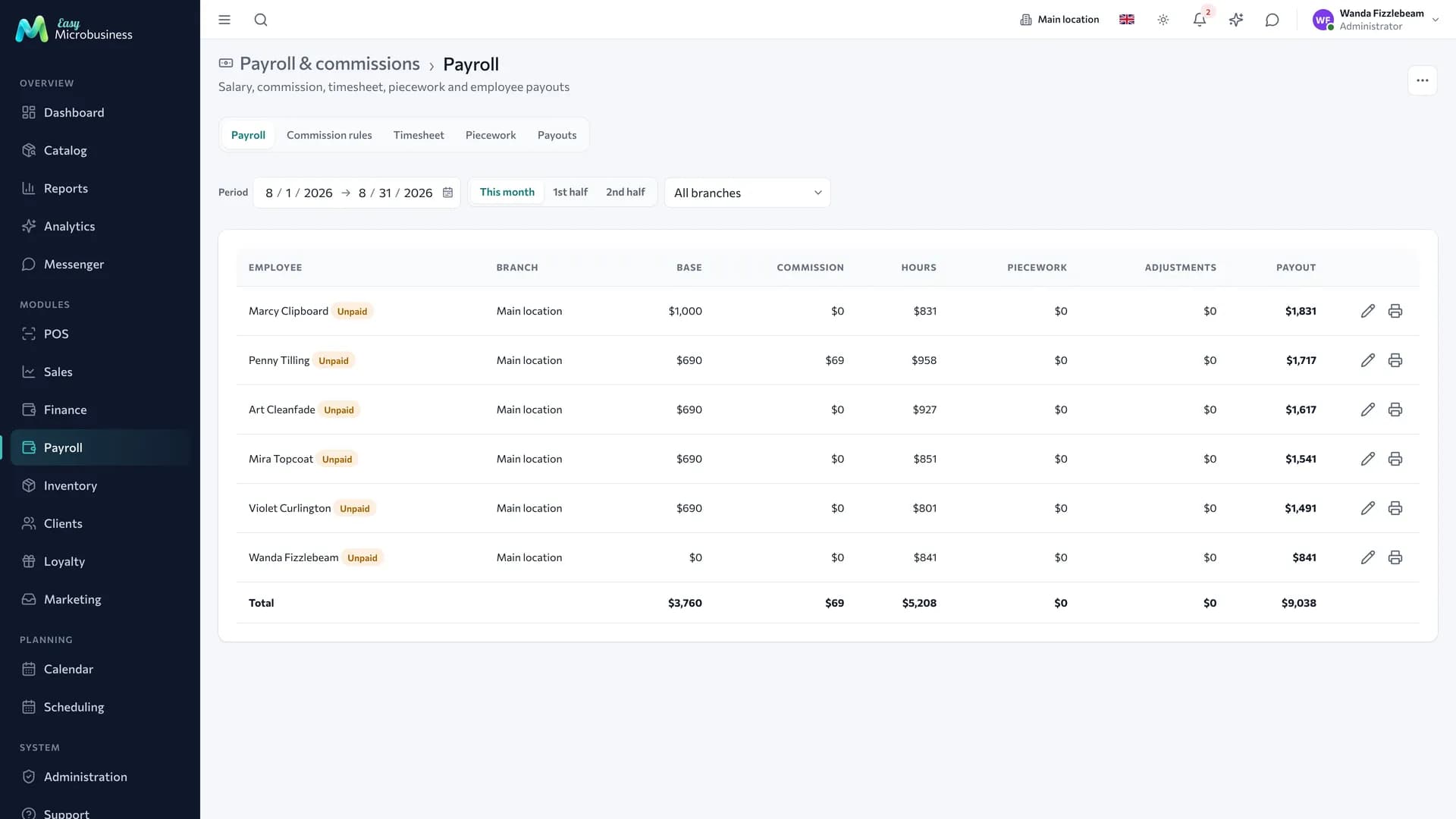 The «Payroll» section: employees, accruals for the period and amounts to pay