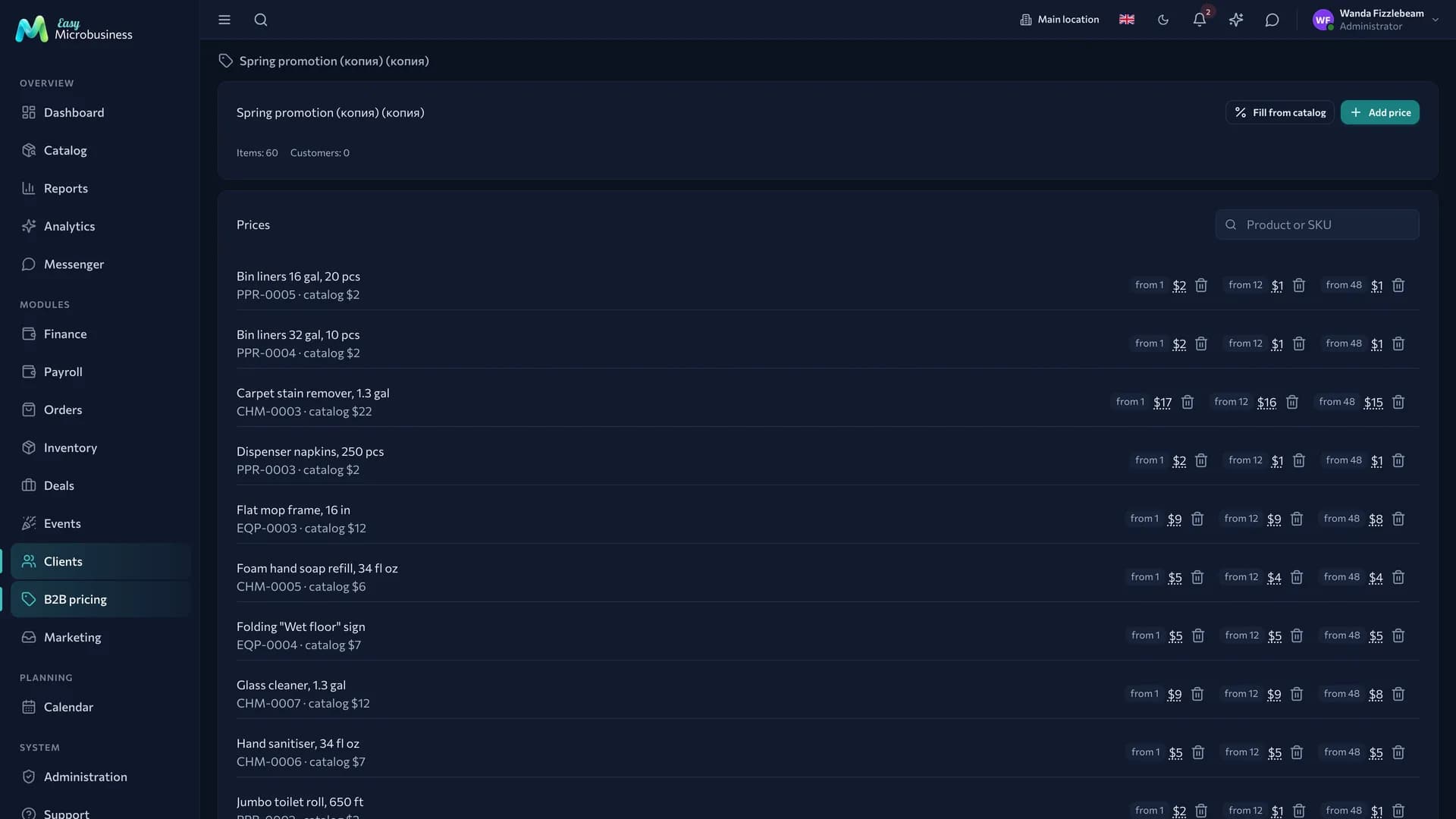 A price list with volume tiers: price depending on quantity