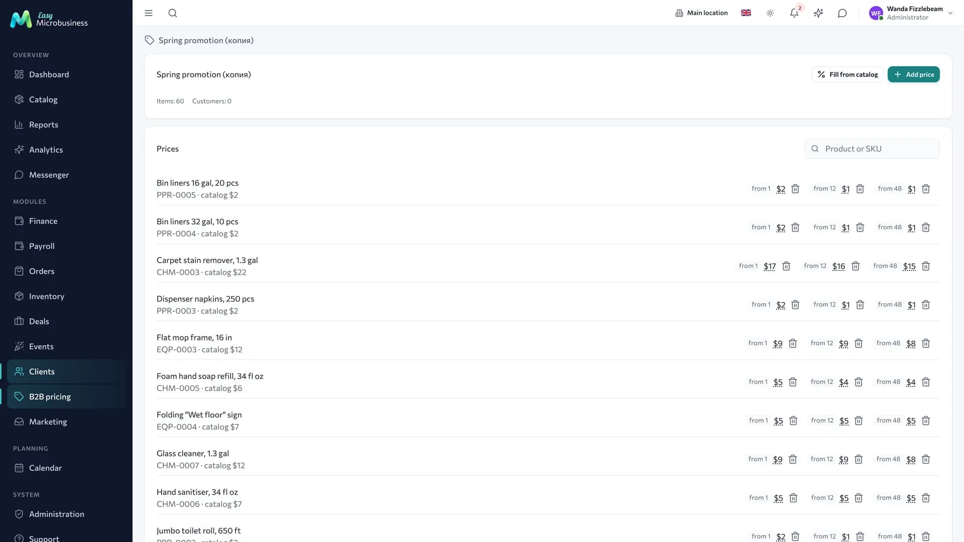 A price list with volume tiers: price depending on quantity