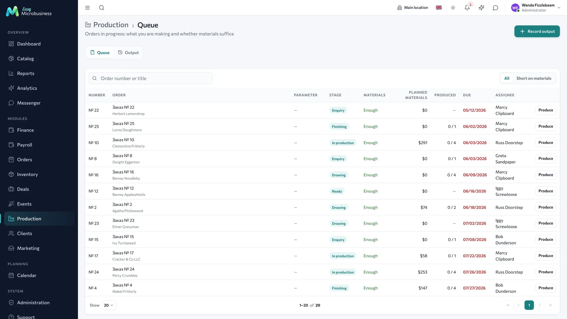 The «Production» section, «Queue» tab: orders in progress, a «Parameter» column with the print run, material availability and deadlines